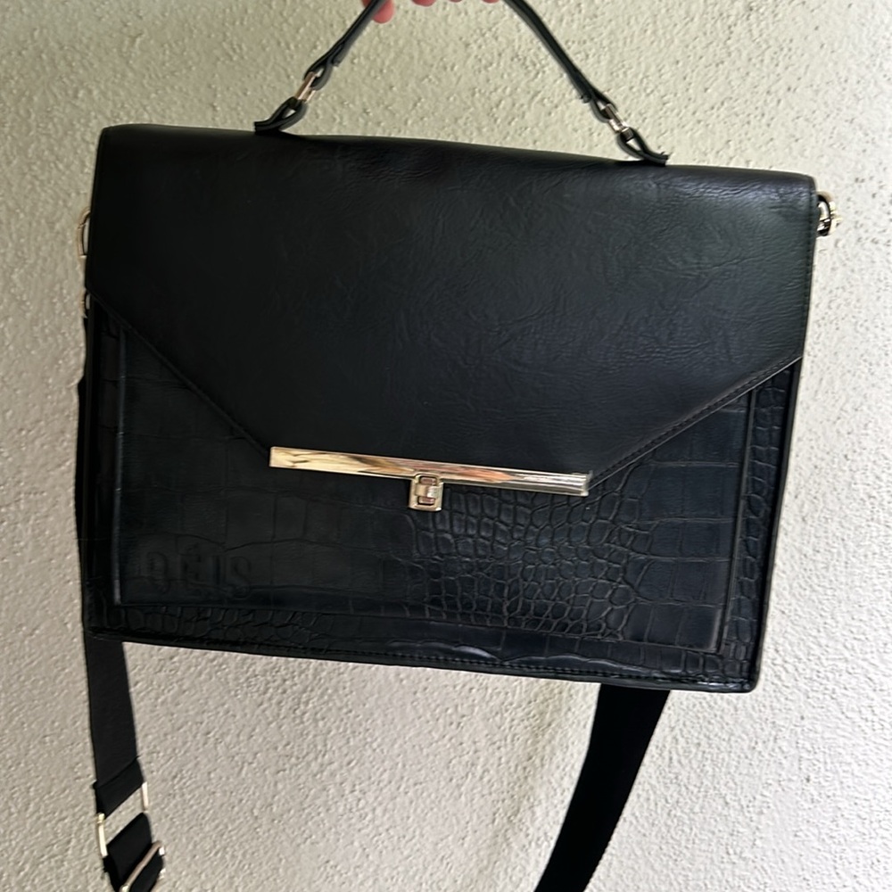 Beis Black Leather Croc Messenger Laptop Office Bag